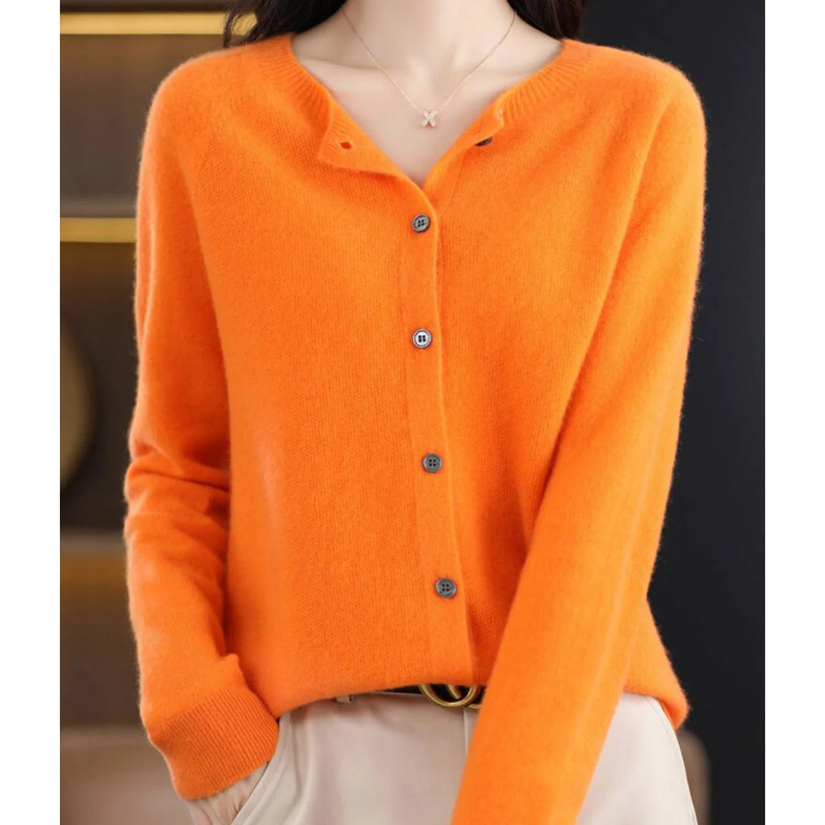 Orange Women's Wool Cashmere Cardigan with Button-Front Closure & O-Neck Design