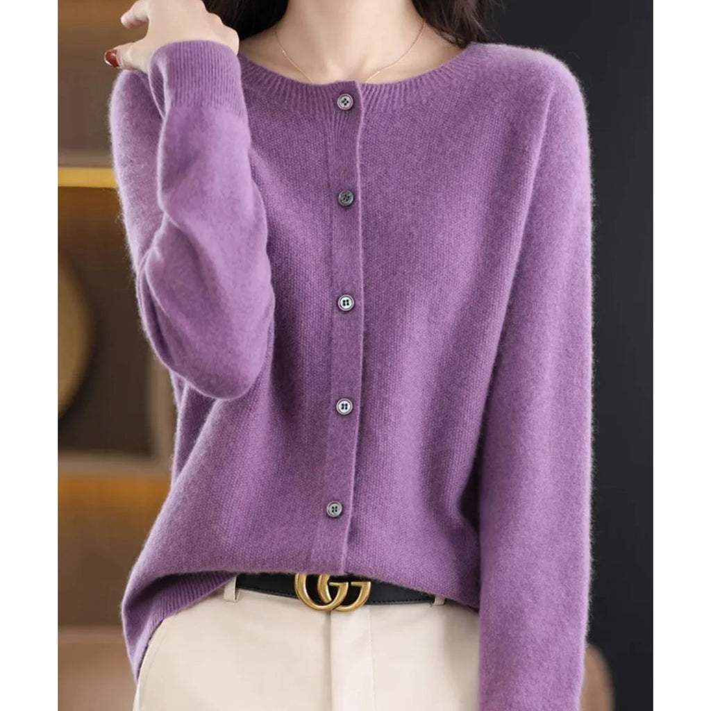 Purple Women's Wool Cashmere Cardigan with Button-Front Closure & O-Neck Design