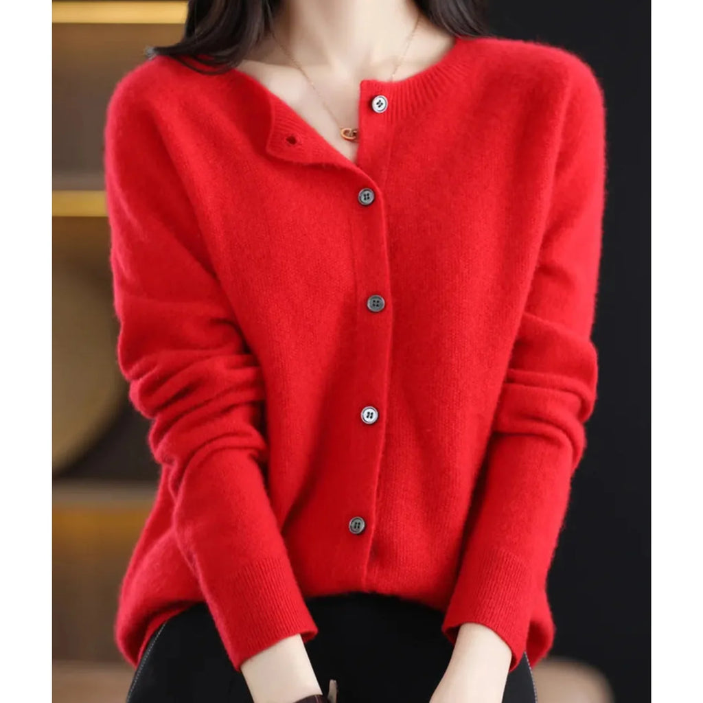 Red Women's Wool Cashmere Cardigan with Button-Front Closure & O-Neck Design