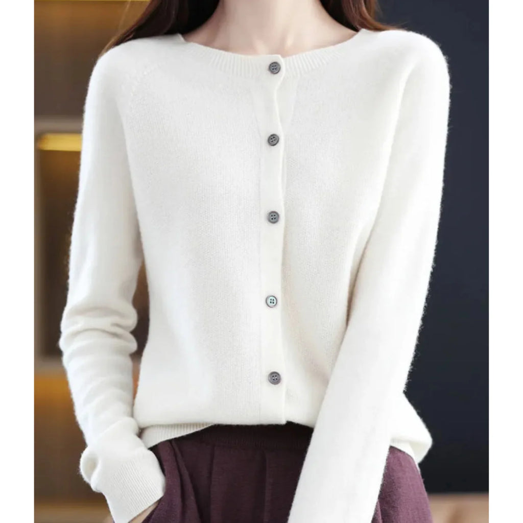White Women's Wool Cashmere Cardigan with Button-Front Closure & O-Neck Design