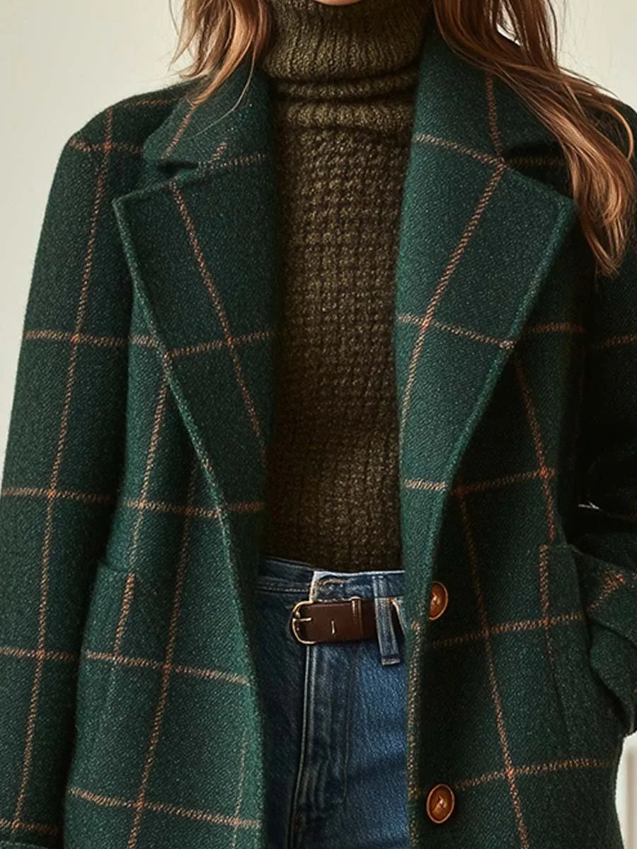 Women's Plaid Wool Coat with Notched Lapel & Button-Front Design - Close Up Lapel