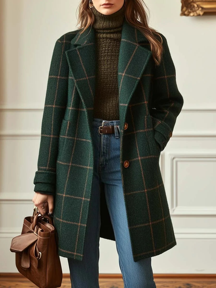 Dark Green Women's Plaid Wool Coat with Notched Lapel & Button-Front Design - Front Full