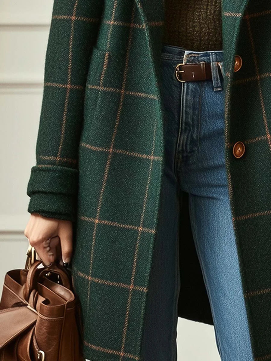 Women's Plaid Wool Coat with Notched Lapel & Button-Front Design - Hand Detail