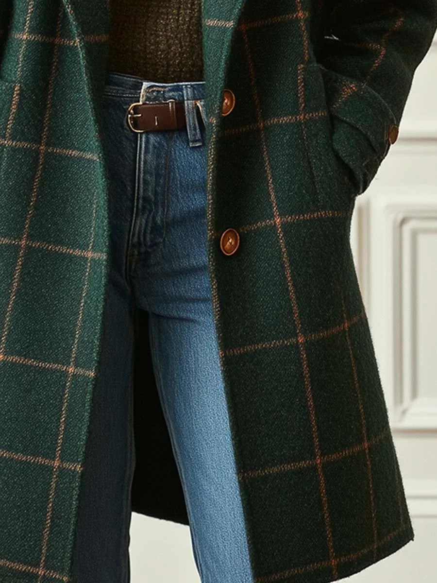Women's Plaid Wool Coat with Notched Lapel & Button-Front Design - Pocket Detail