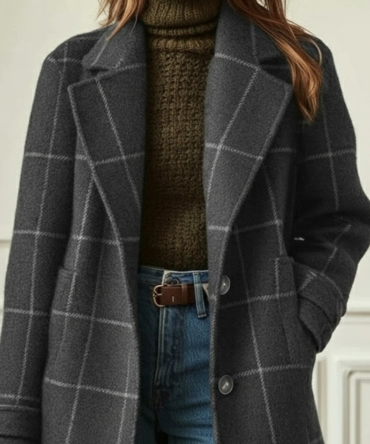 Women's Plaid Wool Coat with Notched Lapel & Button-Front Design - Close Up Buttons