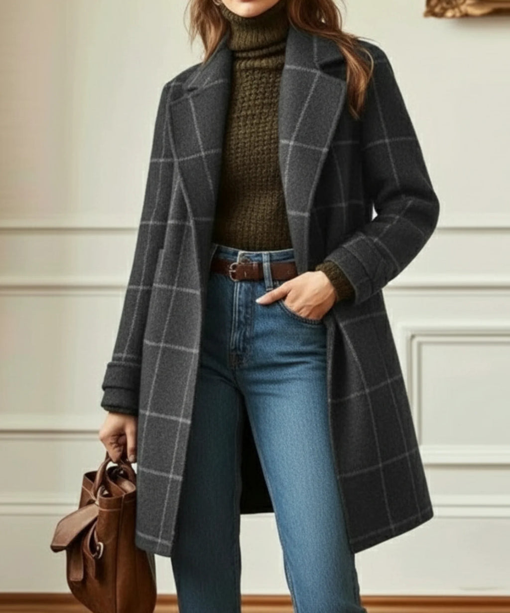 Grey Women's Plaid Wool Coat with Notched Lapel & Button-Front Design - Front Pose