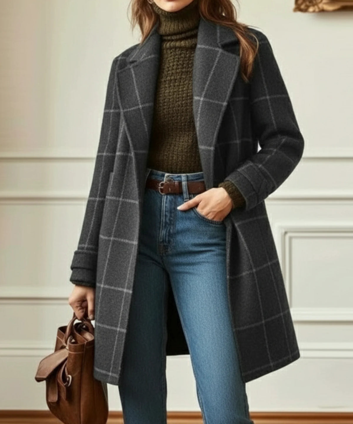 Grey Women's Plaid Wool Coat with Notched Lapel & Button-Front Design - Front Pose