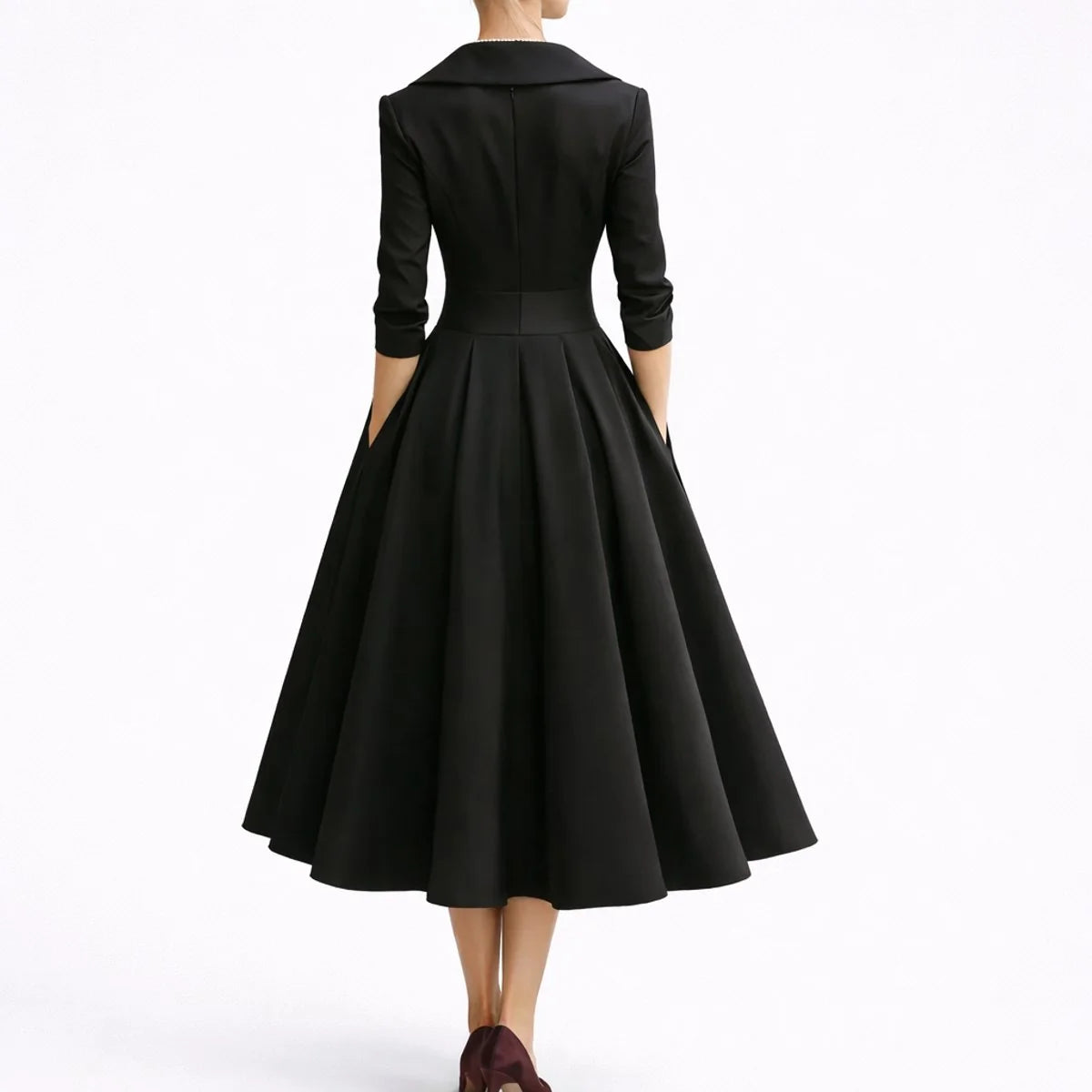 Women's A-Line Midi Dress with Wrap V-Neck & Three-Quarter Sleeves - Back Detail