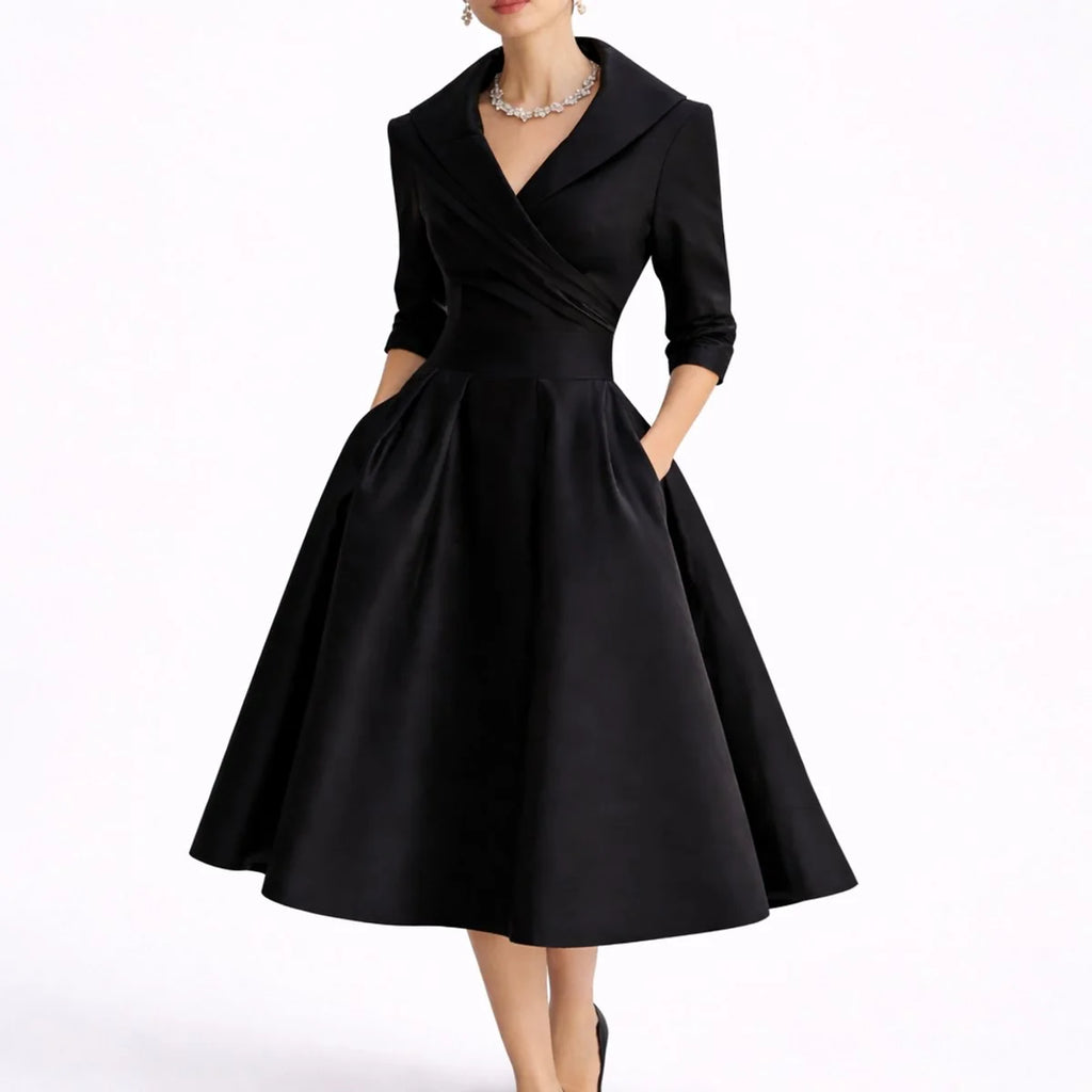 Black Women's A-Line Midi Dress with Wrap V-Neck & Three-Quarter Sleeves