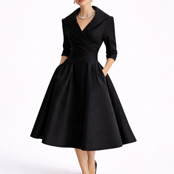 Black Women's A-Line Midi Dress with Wrap V-Neck & Three-Quarter Sleeves