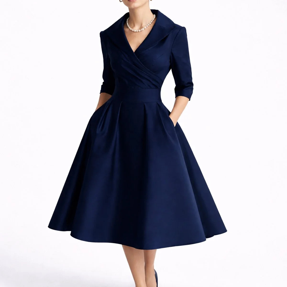 Navy Women's A-Line Midi Dress with Wrap V-Neck & Three-Quarter Sleeves