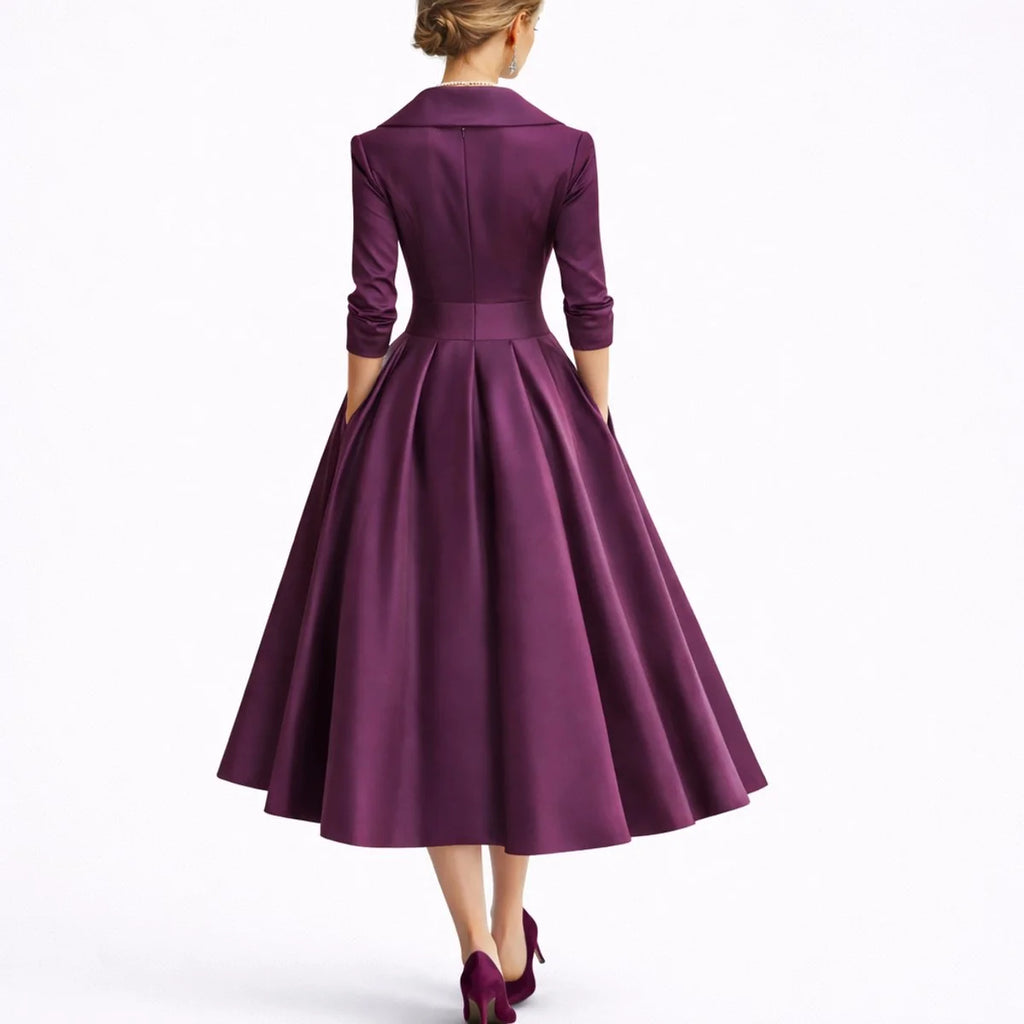 Women's A-Line Midi Dress with Wrap V-Neck & Three-Quarter Sleeves - Back Walking