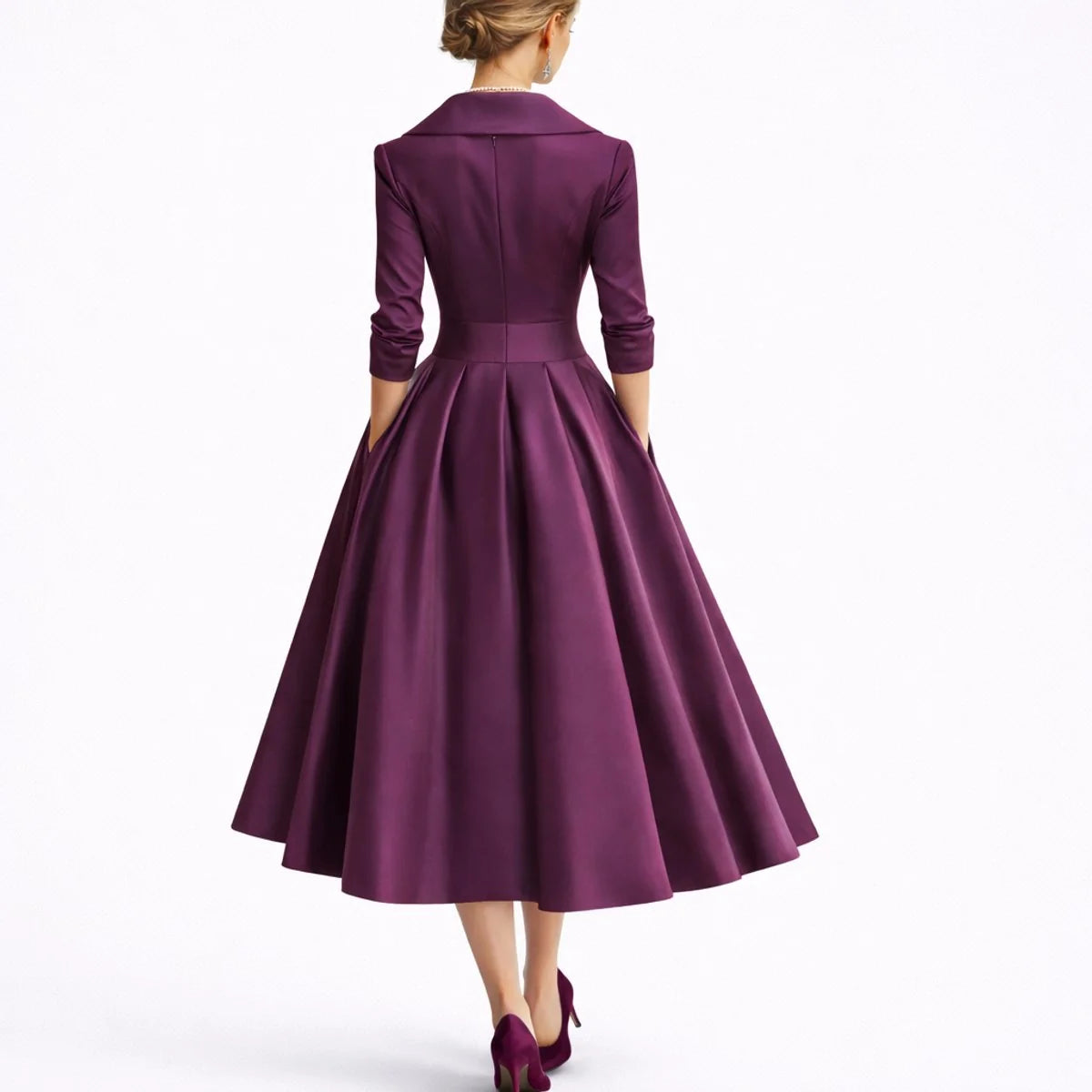 Women's A-Line Midi Dress with Wrap V-Neck & Three-Quarter Sleeves - Back Walking