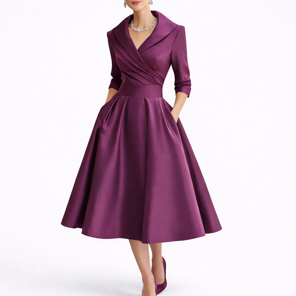 Lilac Women's A-Line Midi Dress with Wrap V-Neck & Three-Quarter Sleeves - Front Closeup