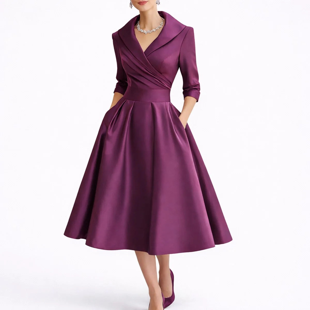 Lilac Women's A-Line Midi Dress with Wrap V-Neck & Three-Quarter Sleeves - Front Closeup