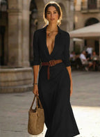 Black Women's Winter Maxi Dress with Wrap Front & Buckle Belt — Celia