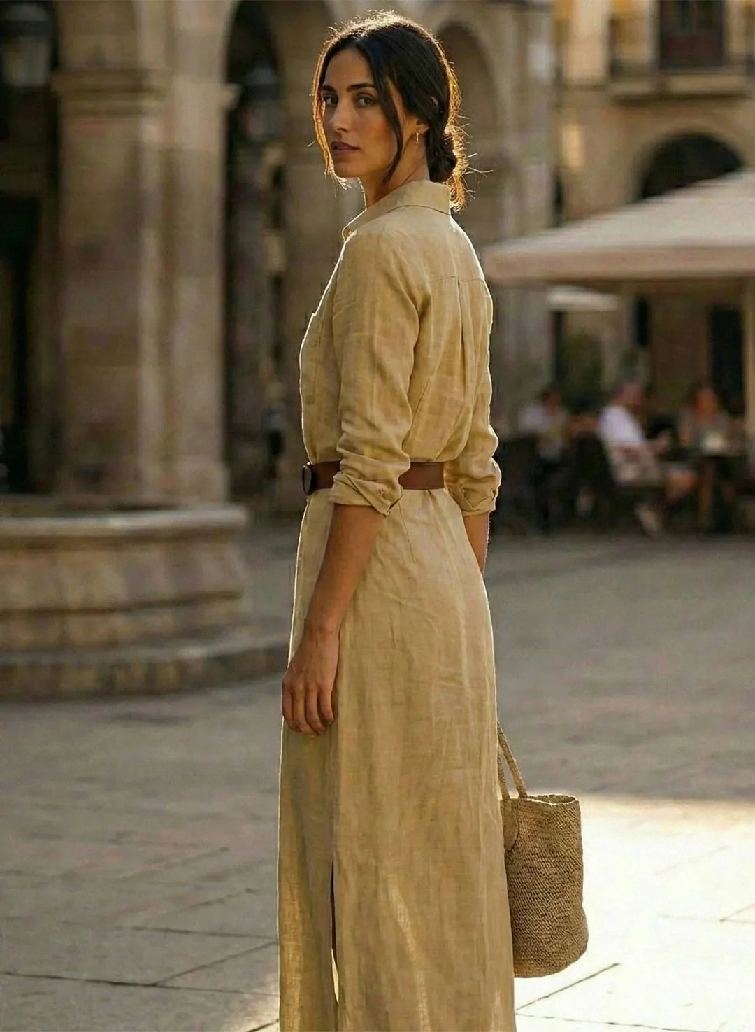 Khaki Women's Winter Maxi Dress with Wrap Front & Buckle Belt — Celia - Back Pose