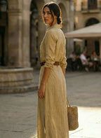 Khaki Women's Winter Maxi Dress with Wrap Front & Buckle Belt — Celia - Back Pose