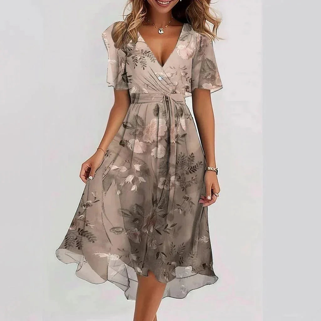 Beige Women's Fall Wedding Guest Dress in Floral Wrap Style with Flutter Sleeves — Wren
