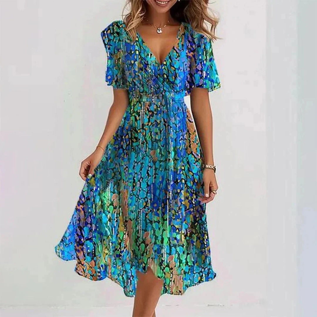 Blue Women's Fall Wedding Guest Dress in Floral Wrap Style with Flutter Sleeves — Wren