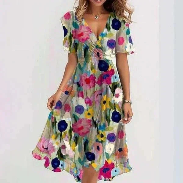 Floral Women's Fall Wedding Guest Dress in Floral Wrap Style with Flutter Sleeves — Wren