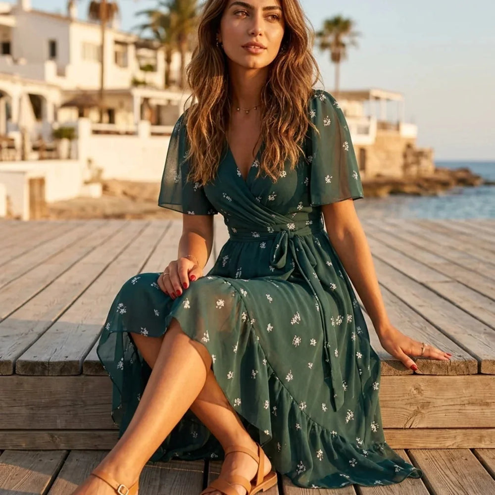 Green Women's Fall Wedding Guest Dress in Floral Wrap Style with Flutter Sleeves — Wren - Seated Outdoor Dock