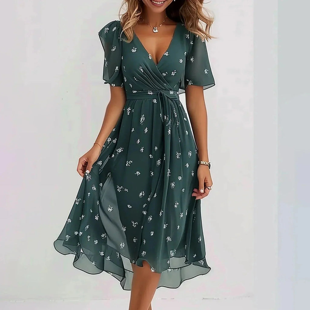 Green Women's Fall Wedding Guest Dress in Floral Wrap Style with Flutter Sleeves — Wren