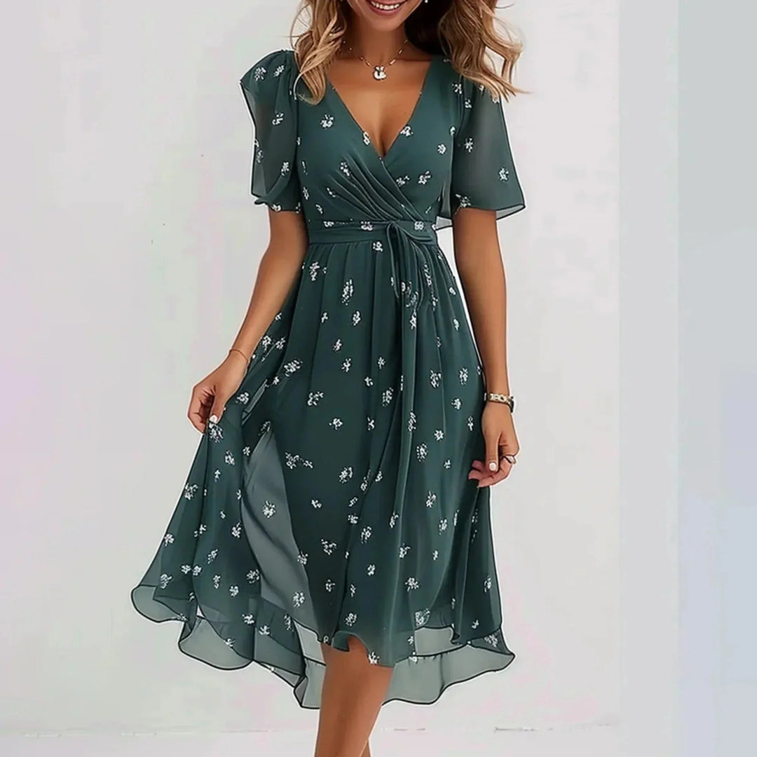 Green Women's Fall Wedding Guest Dress in Floral Wrap Style with Flutter Sleeves — Wren