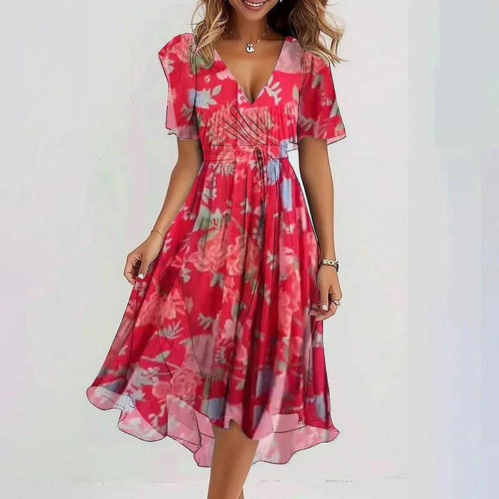 Pink Women's Fall Wedding Guest Dress in Floral Wrap Style with Flutter Sleeves — Wren