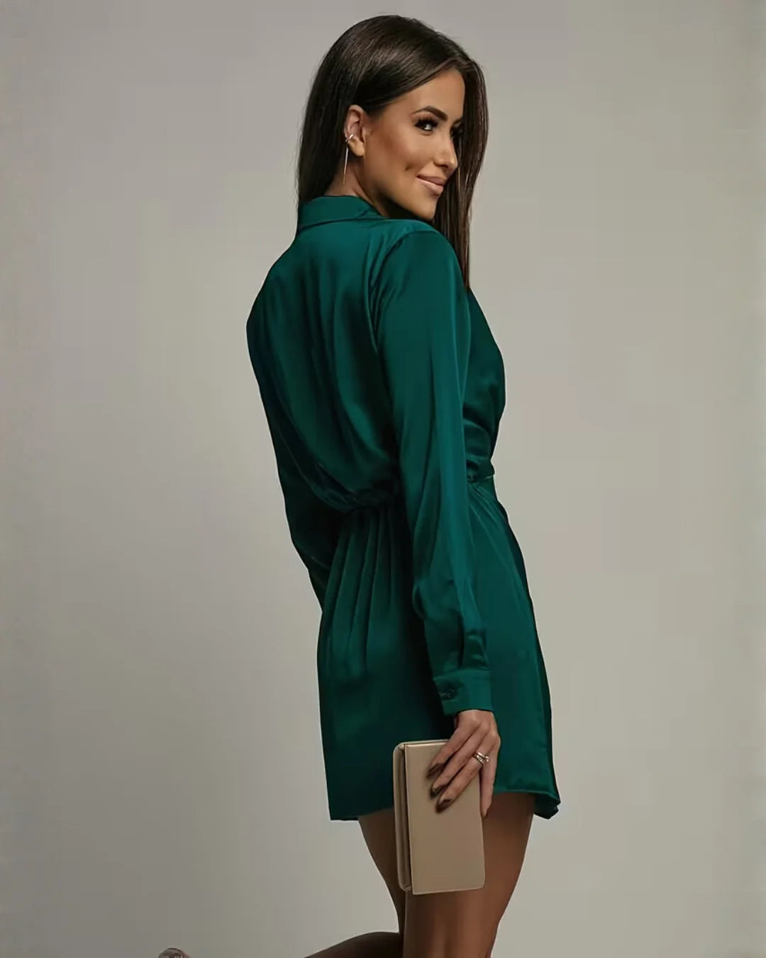Women's Wrap Mini Dress with Collared V-Neck & Relaxed Long Sleeves - Green Back Pose