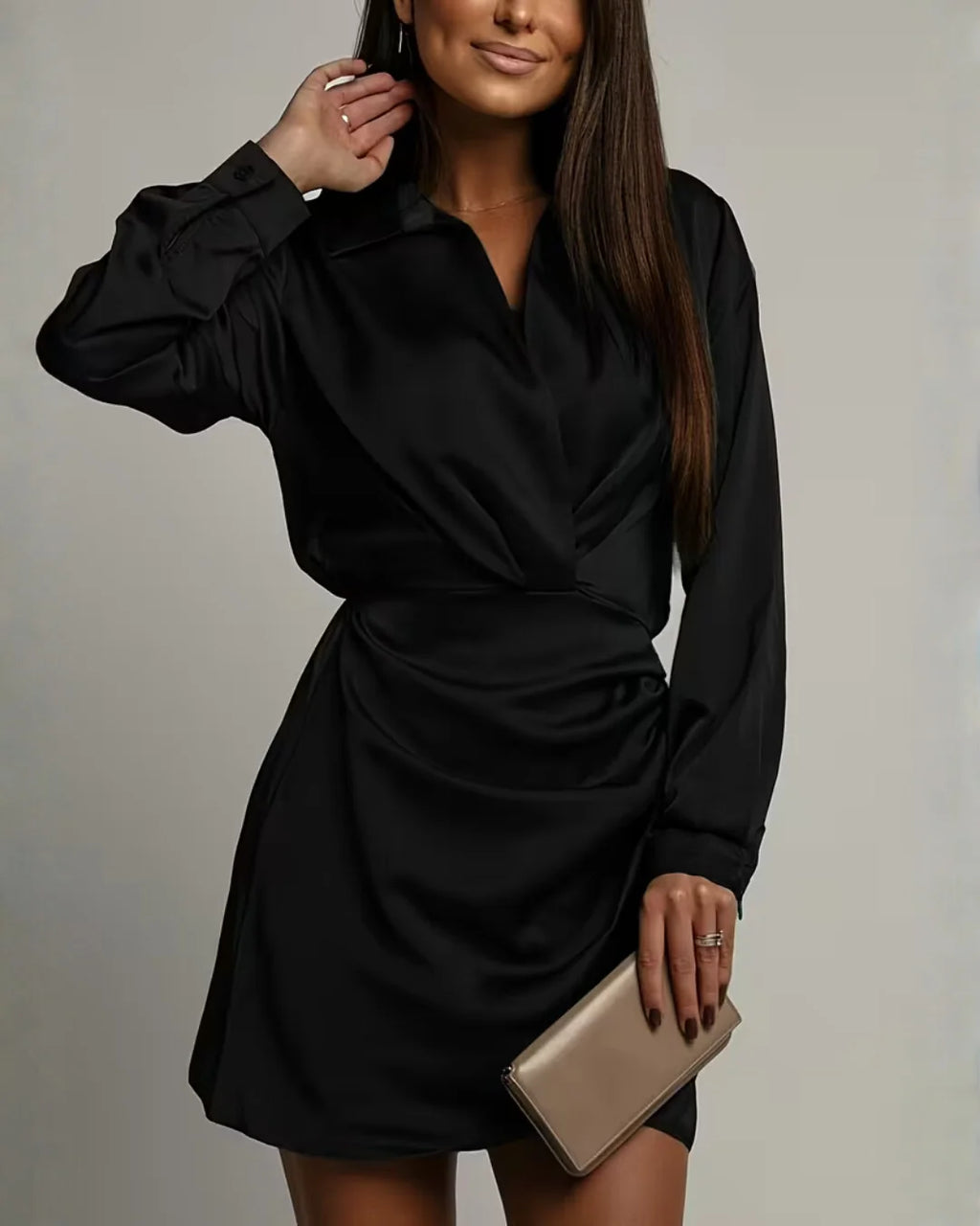Women's Wrap Mini Dress with Collared V-Neck & Relaxed Long Sleeves
