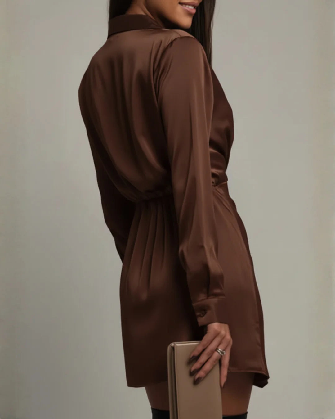 Women's Wrap Mini Dress with Collared V-Neck & Relaxed Long Sleeves - Back Detail