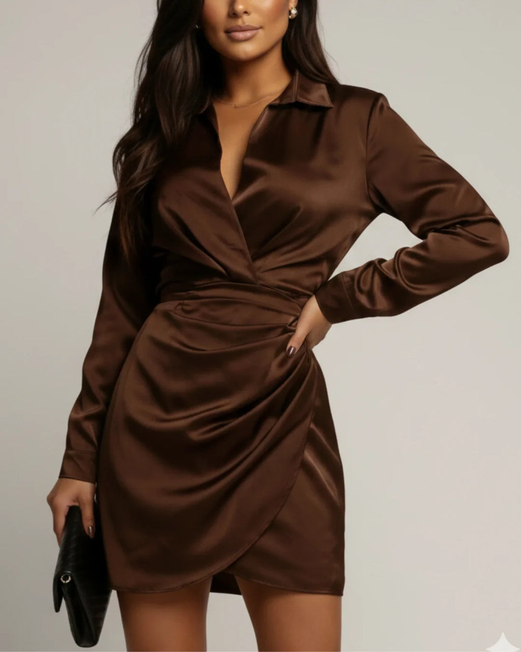 Women's Wrap Mini Dress with Collared V-Neck & Relaxed Long Sleeves