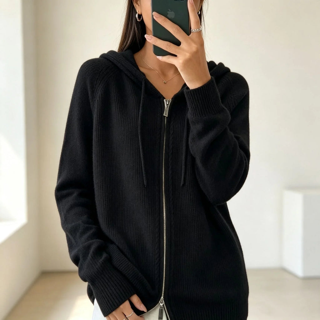 Black Women's Zip Hooded Cardigan with Relaxed Fit & Ribbed Cuffs