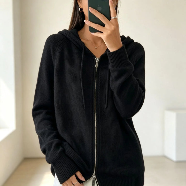 Black Women's Zip Hooded Cardigan with Relaxed Fit & Ribbed Cuffs