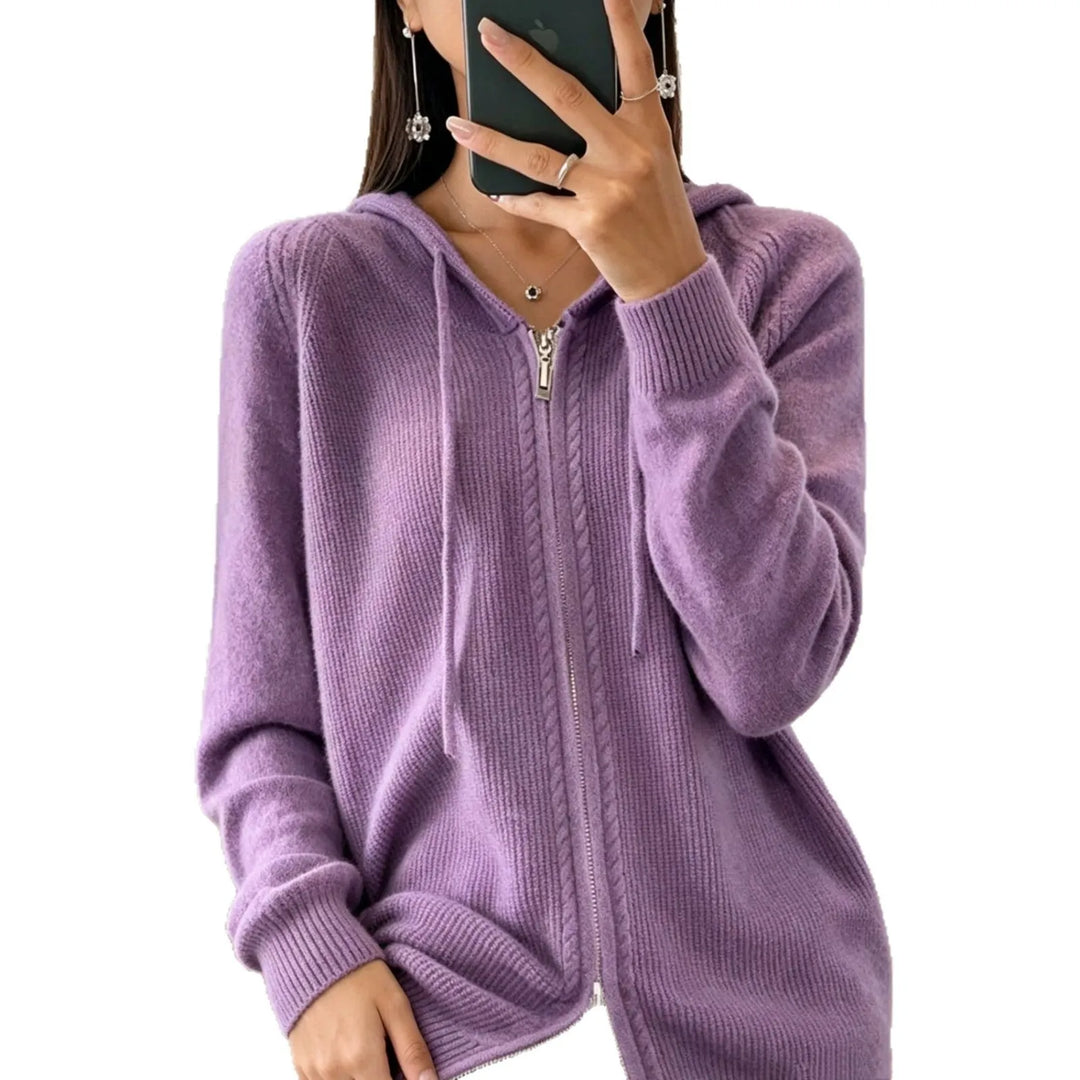 Lilac Women's Zip Hooded Cardigan with Relaxed Fit & Ribbed Cuffs - Studio White