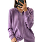 Lilac Women's Zip Hooded Cardigan with Relaxed Fit & Ribbed Cuffs - Studio White