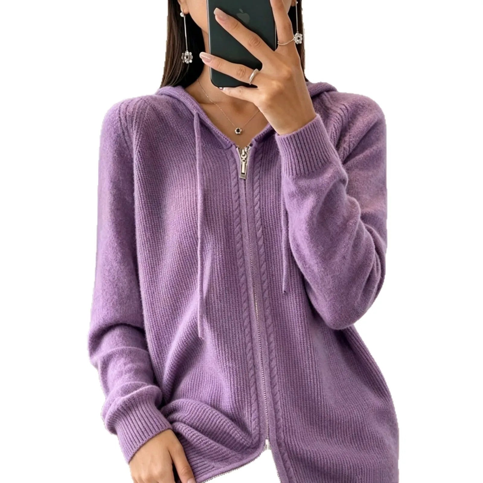 Lilac Women's Zip Hooded Cardigan with Relaxed Fit & Ribbed Cuffs - Studio White