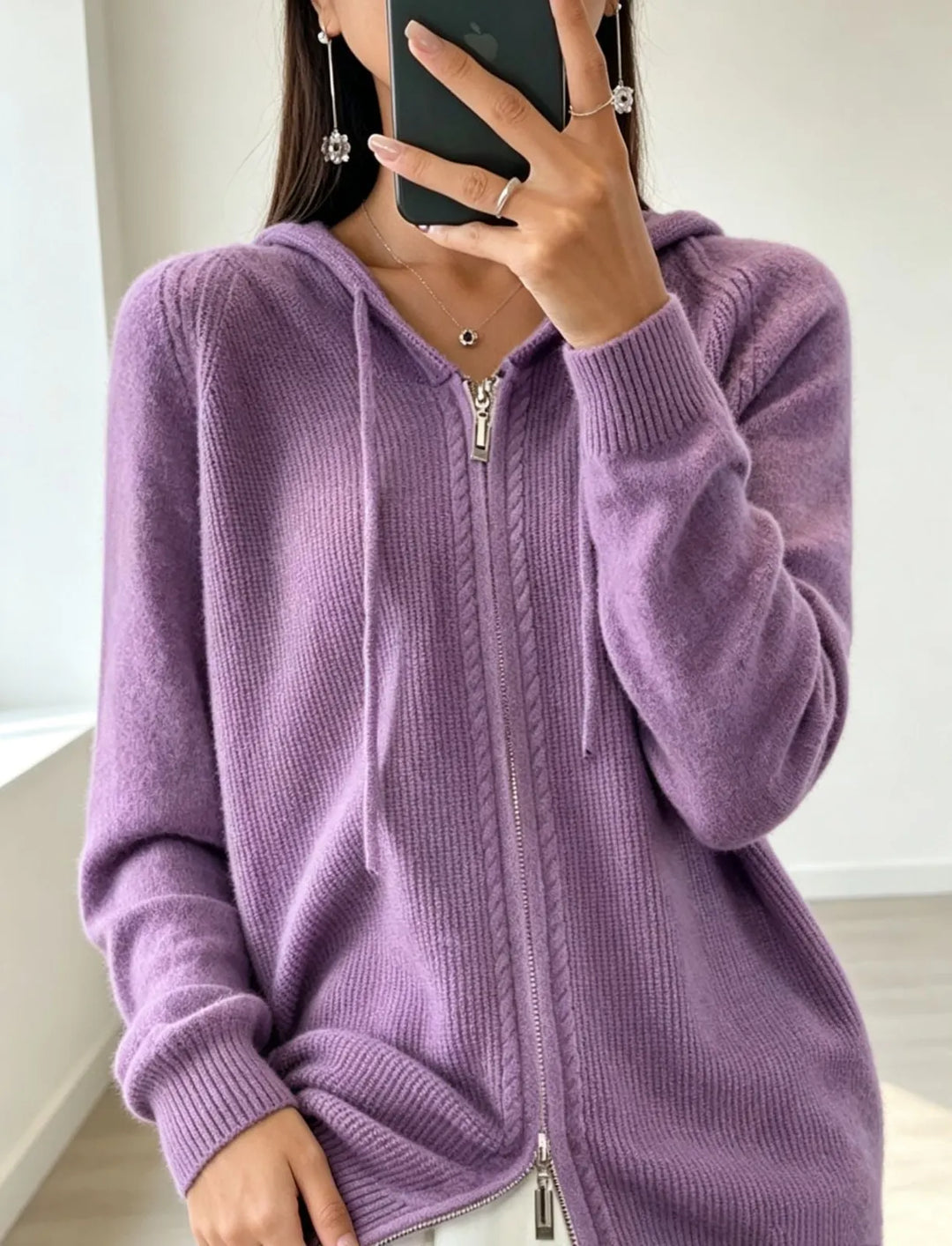 Women's Zip Hooded Cardigan with Relaxed Fit & Ribbed Cuffs