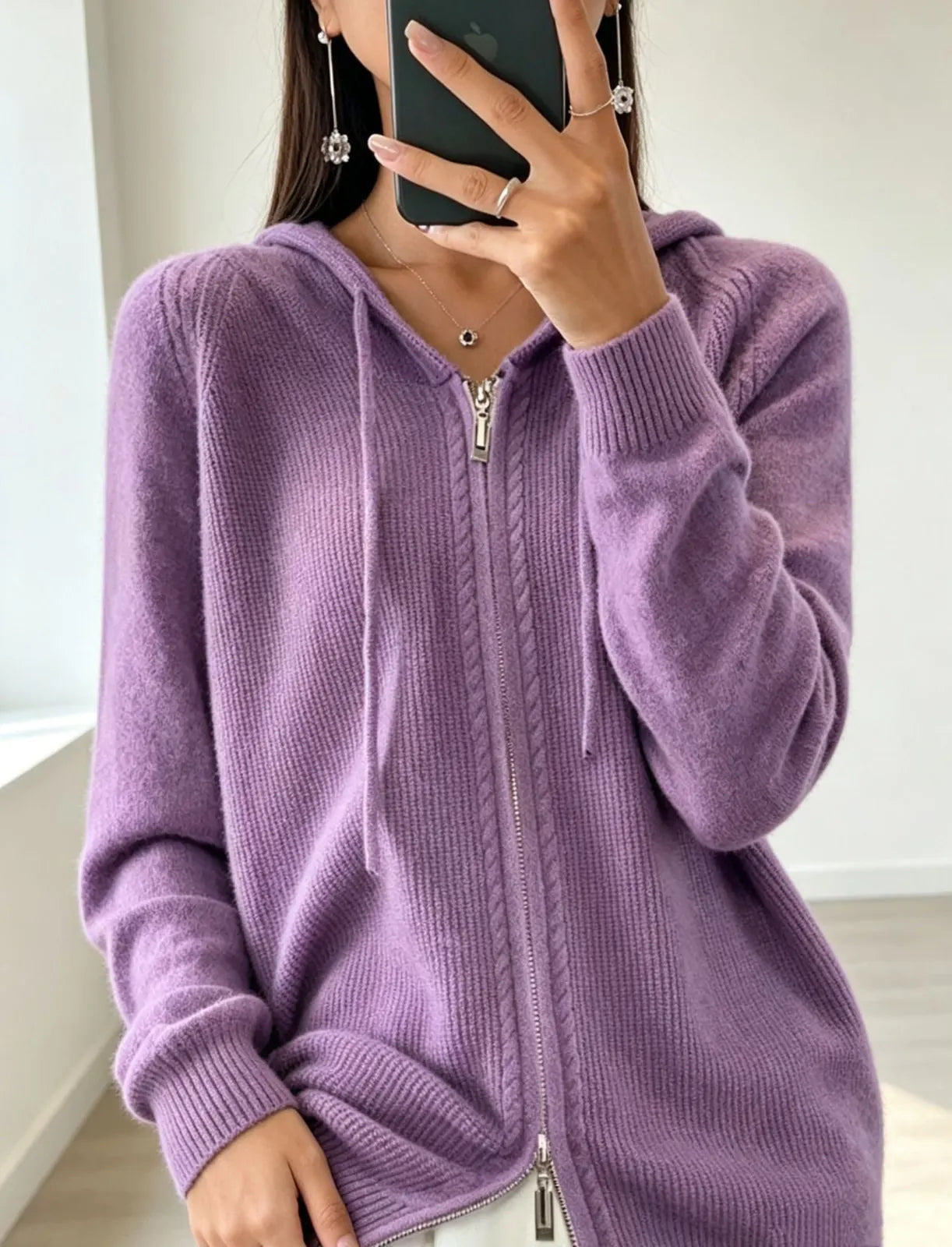 Women's Zip Hooded Cardigan with Relaxed Fit & Ribbed Cuffs