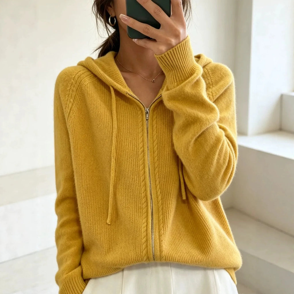 Mango-Yellow Women's Zip Hooded Cardigan with Relaxed Fit & Ribbed Cuffs - Yellow Front Crop