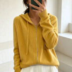 Mango-Yellow Women's Zip Hooded Cardigan with Relaxed Fit & Ribbed Cuffs - Yellow Front Crop