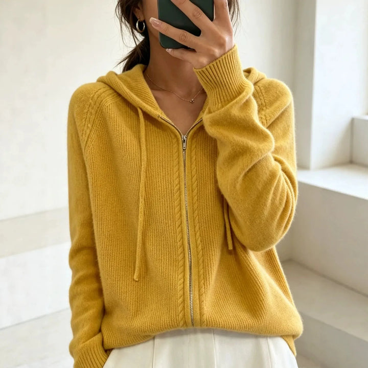 Mango-Yellow Women's Zip Hooded Cardigan with Relaxed Fit & Ribbed Cuffs - Yellow Front Crop
