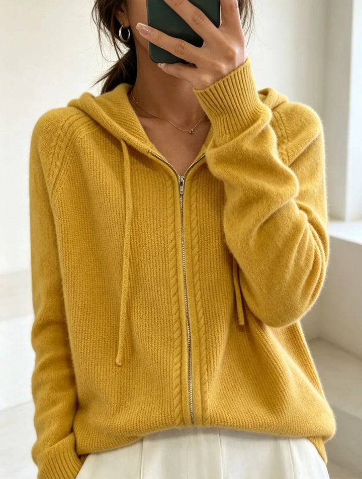 Women's Zip Hooded Cardigan with Relaxed Fit & Ribbed Cuffs - Yellow