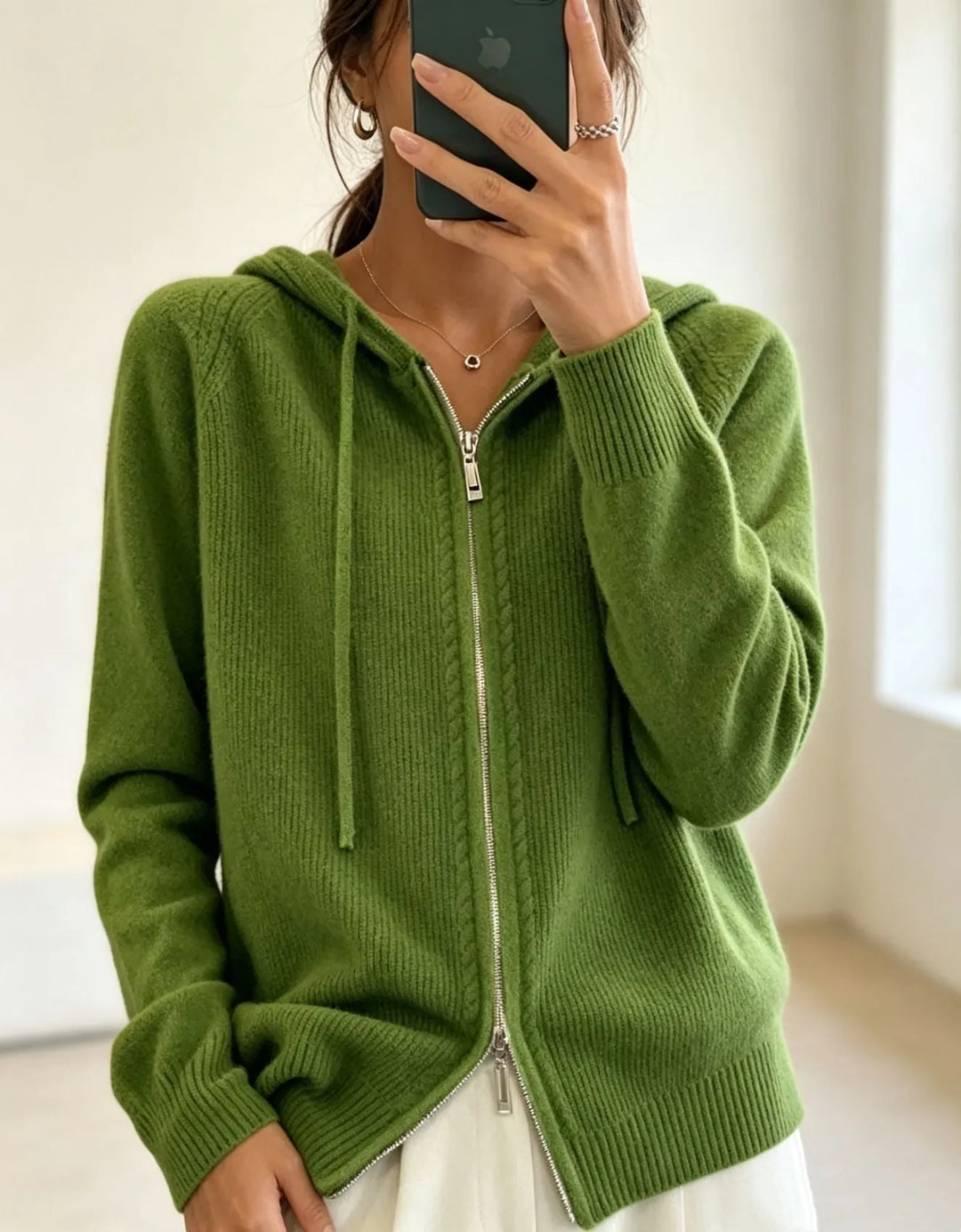 Women's Zip Hooded Cardigan with Relaxed Fit & Ribbed Cuffs - Close Up Zipper