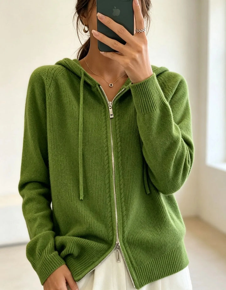 Women's Zip Hooded Cardigan with Relaxed Fit & Ribbed Cuffs - Close Up Zipper