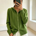 Olive Green Women's Zip Hooded Cardigan with Relaxed Fit & Ribbed Cuffs - Front View
