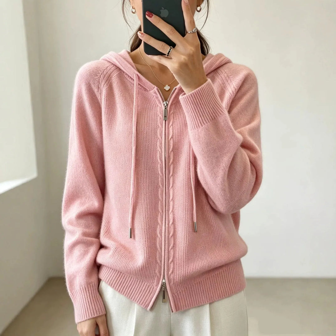 Pink Women's Zip Hooded Cardigan with Relaxed Fit & Ribbed Cuffs - Front Full