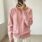 Pink Women's Zip Hooded Cardigan with Relaxed Fit & Ribbed Cuffs - Front Full