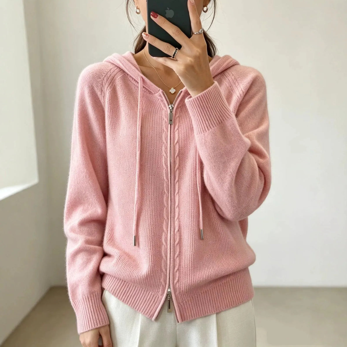Pink Women's Zip Hooded Cardigan with Relaxed Fit & Ribbed Cuffs - Front Full